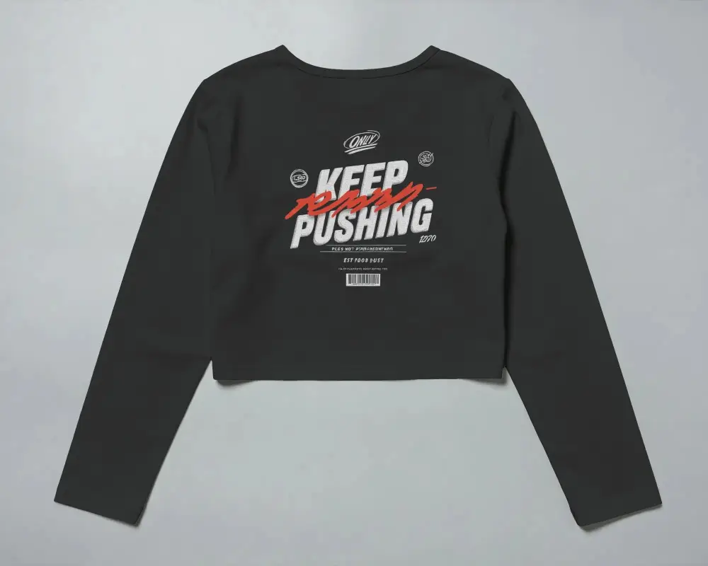 Back View Long Sleeve Crop Top Mockup Flatlay On Clean White Background Soft Shadow Minimal Style