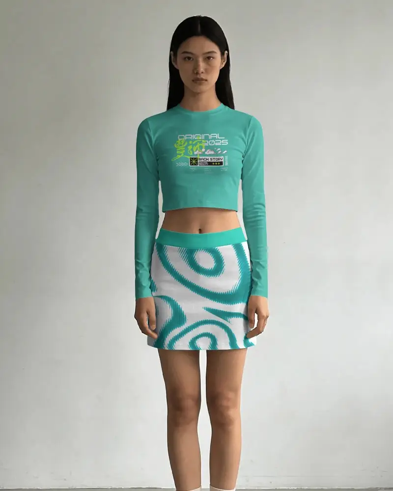 Full Body Model Crop Top Mockup With Matching Skirt Clean Wall Background Studio Style