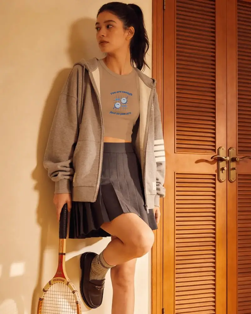 Casual Crop Top Mockup With Hoodie And Tennis Racket Warm Light Lifestyle Fashion Look