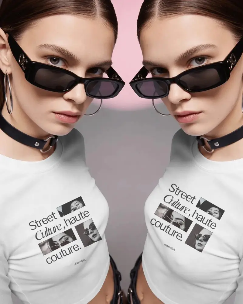 Mirror Double Model Crop Top Mockup With Sunglasses Stylish Fashion Portrait Look