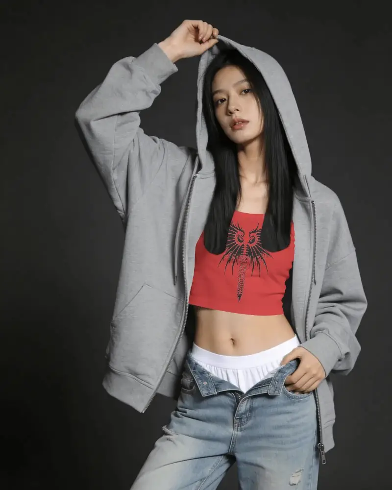 Stylish Crop Top Mockup With Zip Up Hoodie And Low Rise Distressed Denim For Fashion