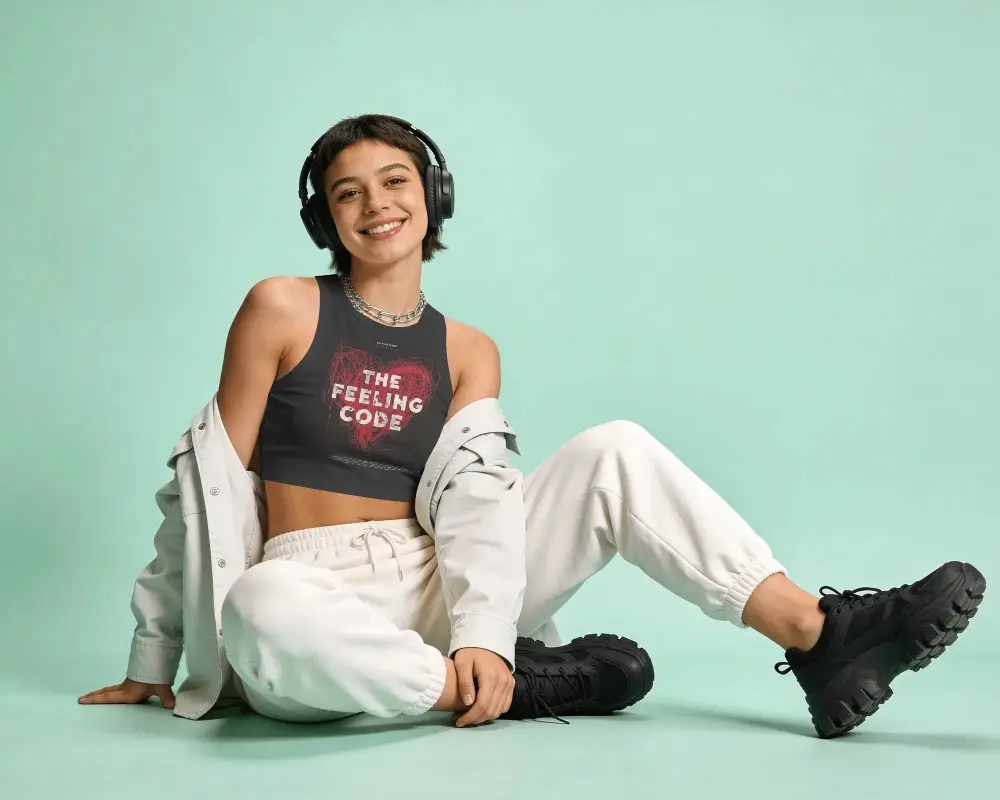 Modern Crop Top Mockup With Casual Jacket Layered Look And Sporty Shoes On Solid Background