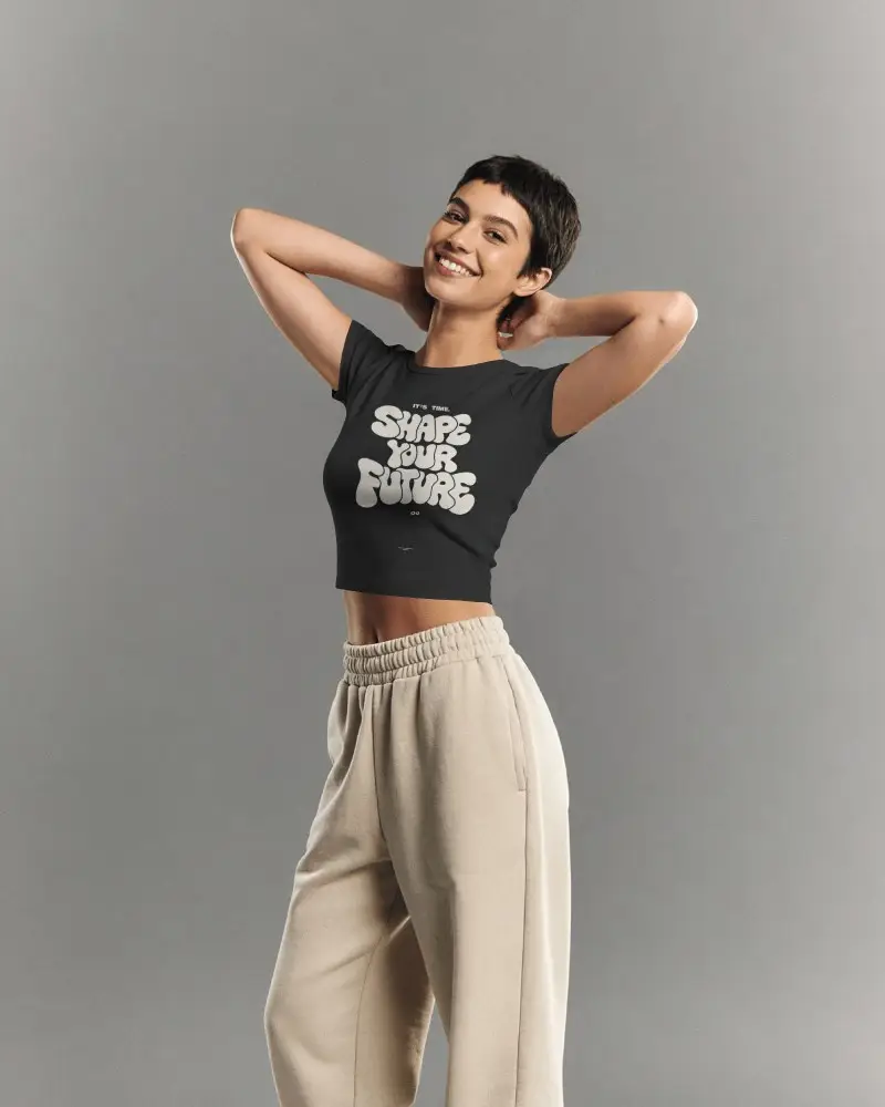 Fitted Crop Top Mockup Female Model Smiling With Hands Behind Head In Clean Gray Studio