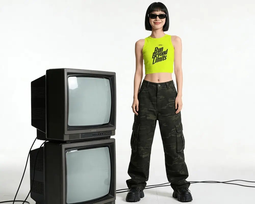 Sleeveless Crop Top Mockup Female Model Standing Beside Vintage Tv Stack In Clean White Studio
