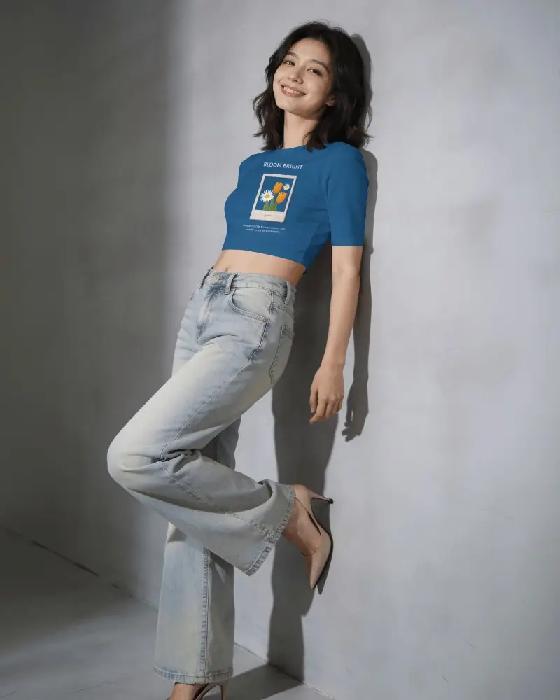 Short Sleeve Crop Top Mockup Female Model Leaning Against Wall With Relaxed Smiling Pose