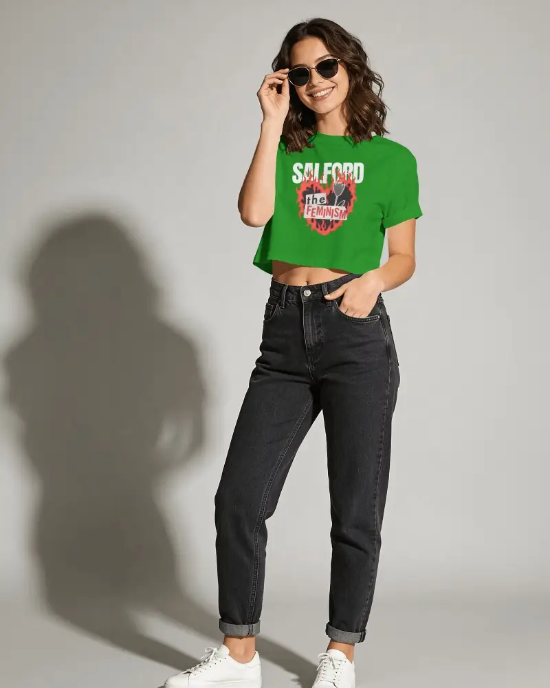 Short Sleeve Crop Top Mockup Female Model Standing With Sunglasses In Clean Studio Soft Shadow