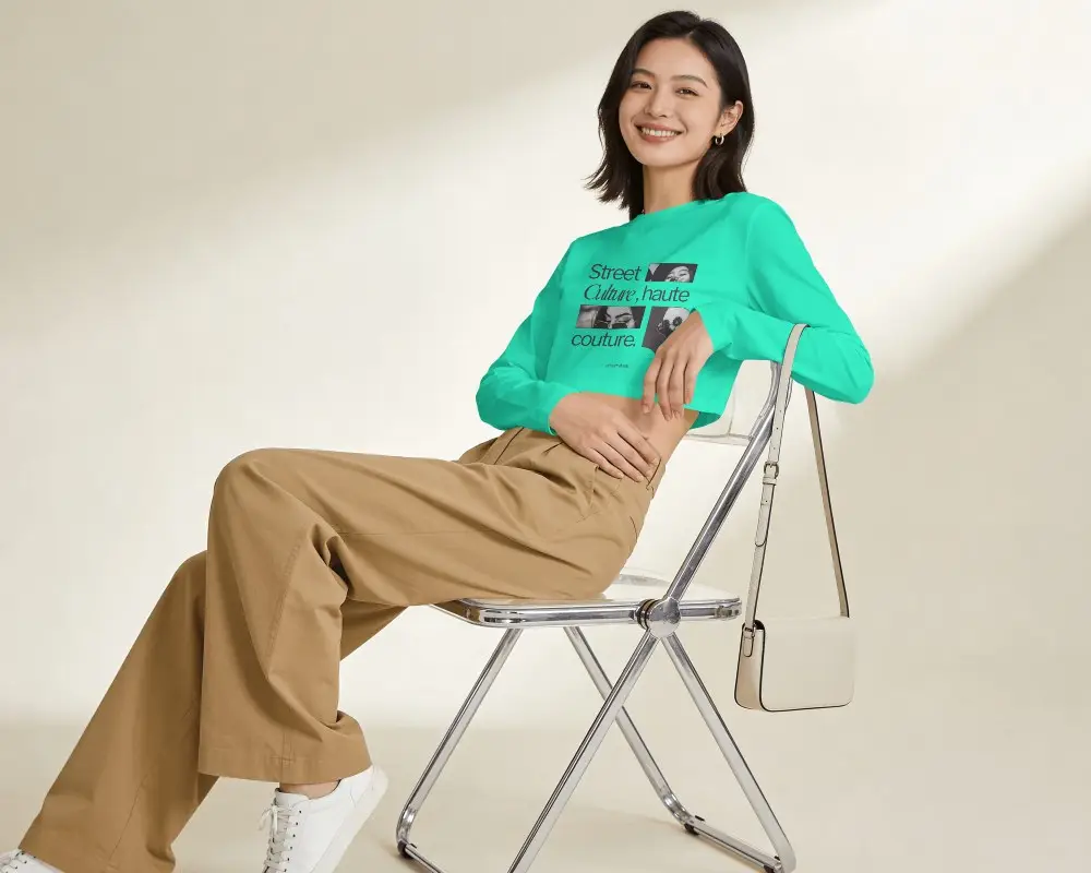 Long Sleeve Crop Top Mockup Female Model Sitting On Transparent Chair In Warm Minimal Studio