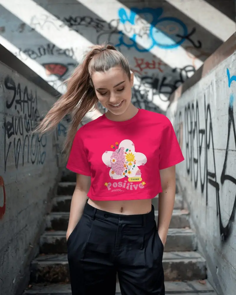 Urban Street Style Crop Top Mockup Female Model Smiling On Graffiti Staircase Soft Daylight Mood