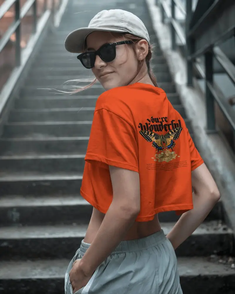 Back View Crop Top Mockup Female Model In Sportswear On Urban Staircase Wearing Sunglasses And Cap