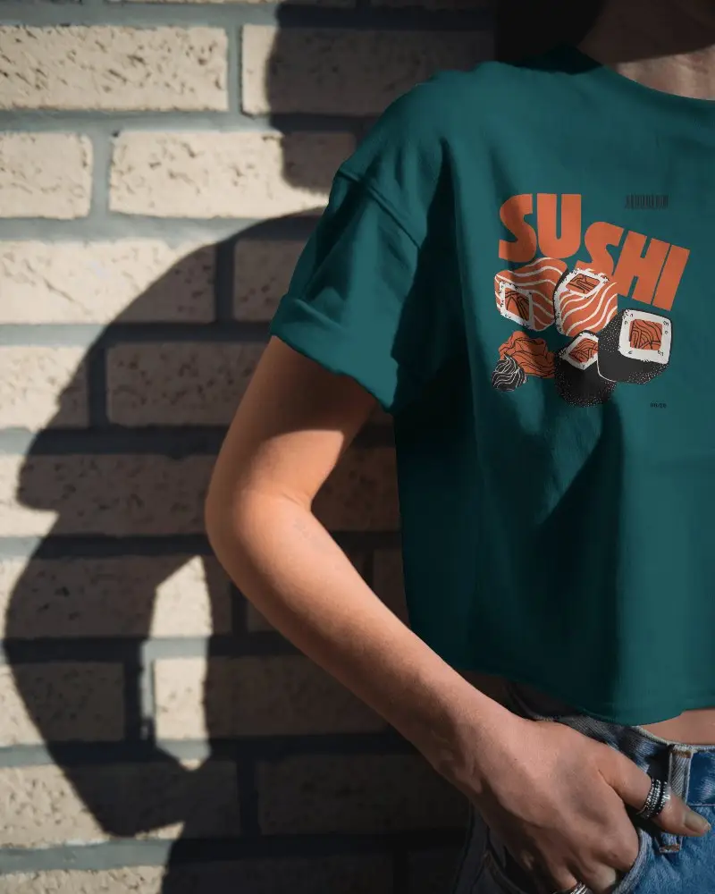 Moody Close Up Crop Top Mockup Sun And Shadow Play On Female Model Wearing Rings