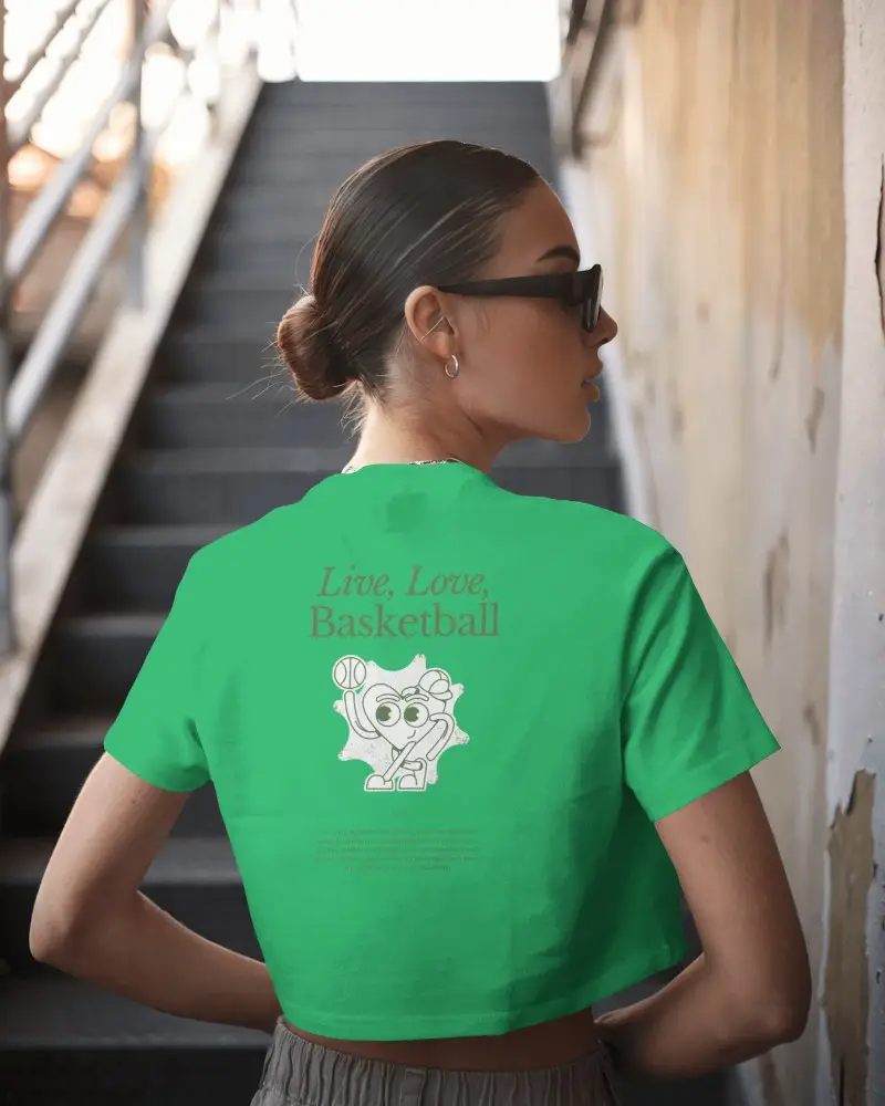 Chic Back View Crop Top Mockup Modern Woman With Sleek Bun And Minimalist Cityscape