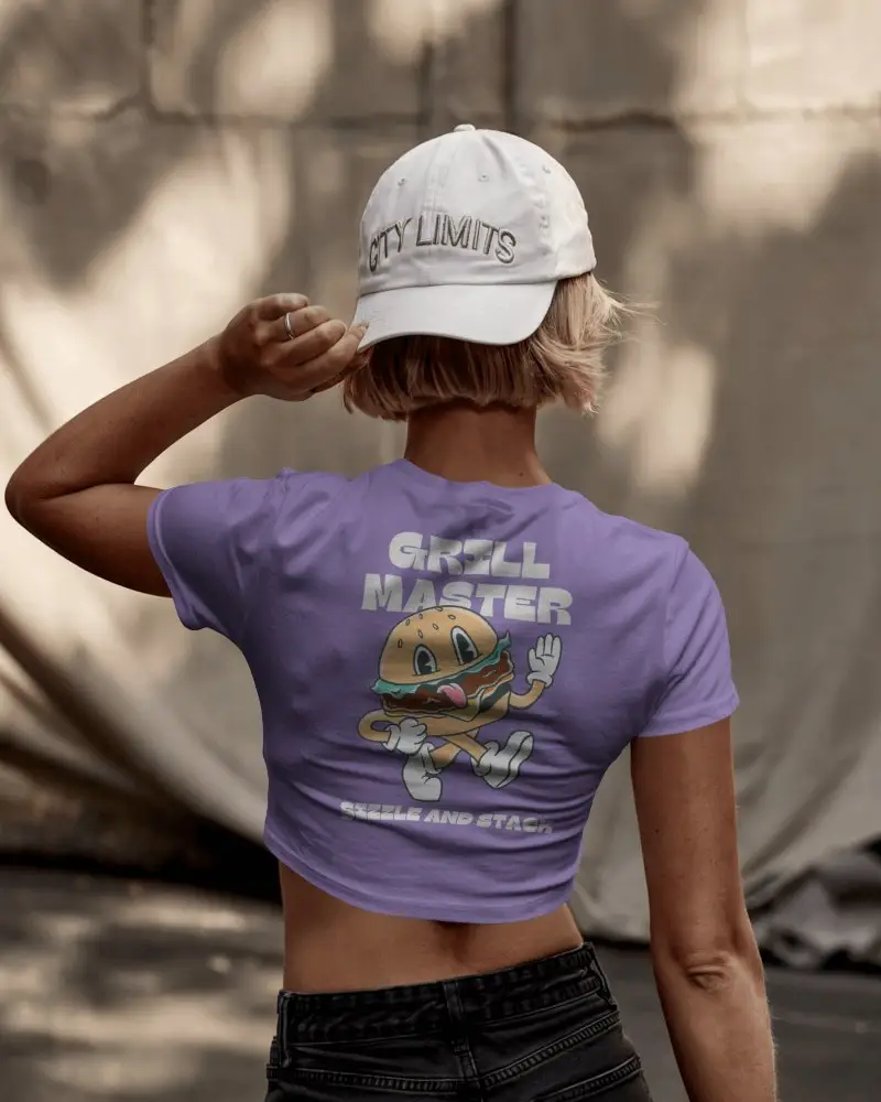 Back View Crop Top Mockup Woman In Stylish Hat Standing In Neutral Toned Background