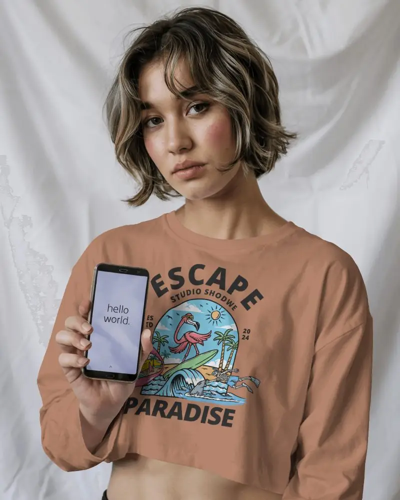 Minimal Studio Crop Top Mockup Female Model Holding Phone White Drape Background