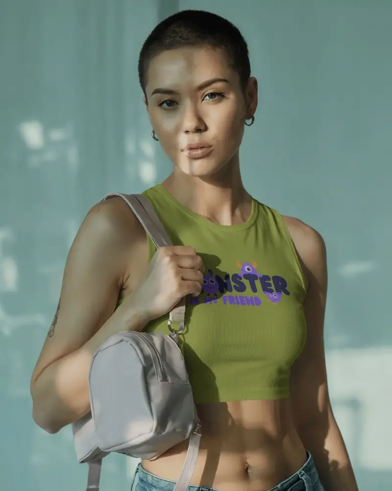 Natural Light Crop Top Mockup Bold Female Model In Sleeveless And Mini Backpack