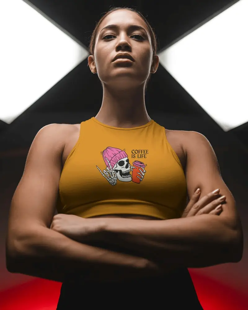 Sporty Women Crop Top Mockup Showcasing Bold Stance In Dramatic Fitness Setting