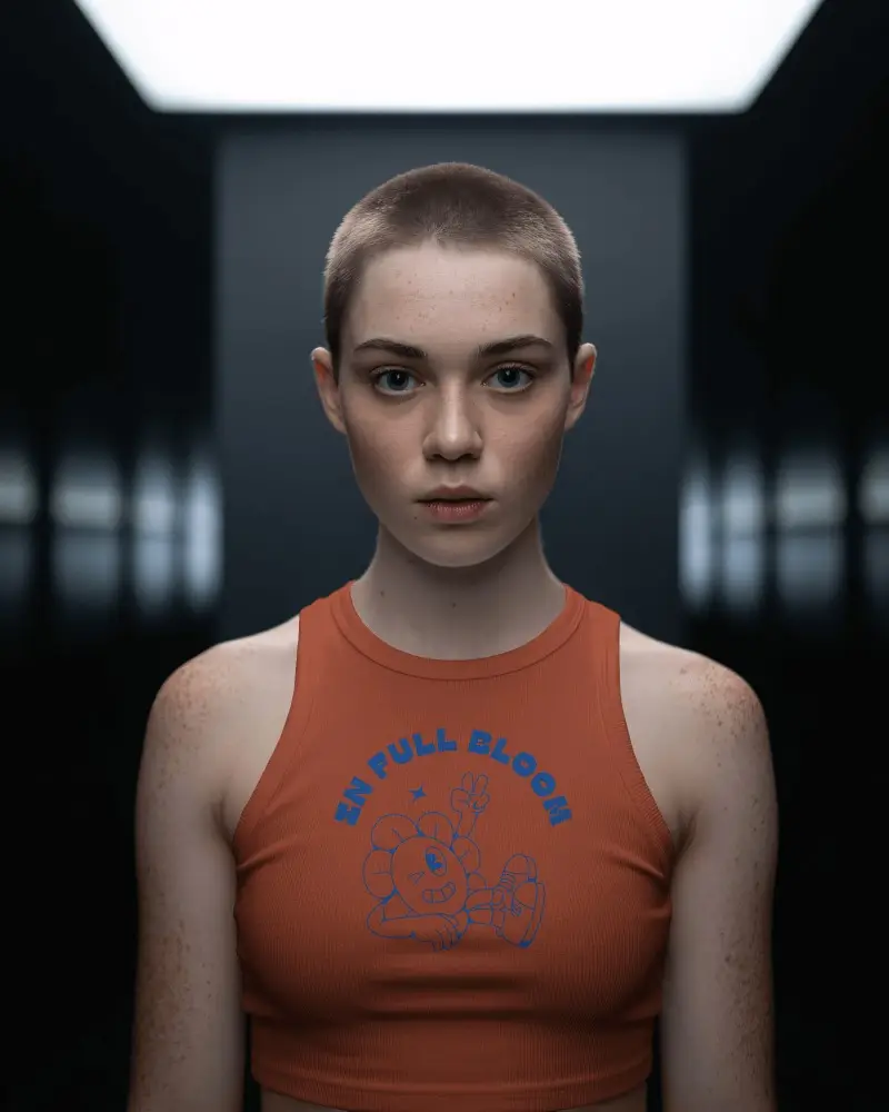 Realistic Crop Top Mockup Showing Confident Model In Matte Dark Futuristic Backdrop