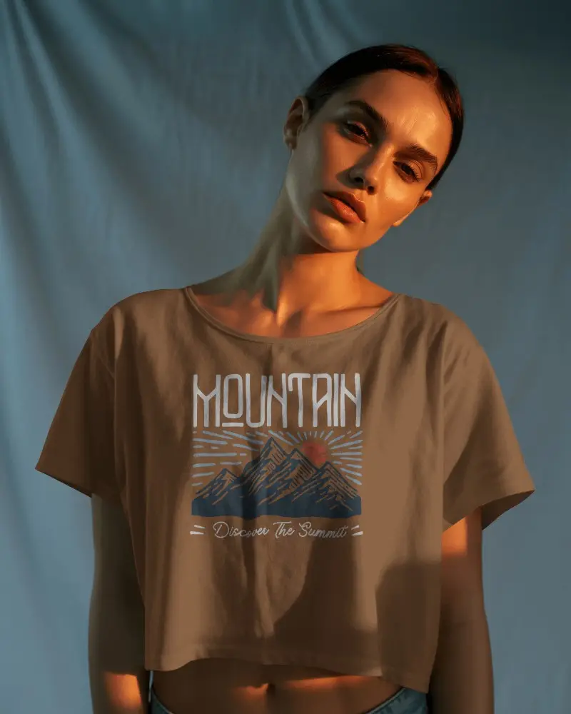 Cinematic Vibe Crop Top Mockup Loose Tee Style In Warm Glow With Soft Curtain Drop