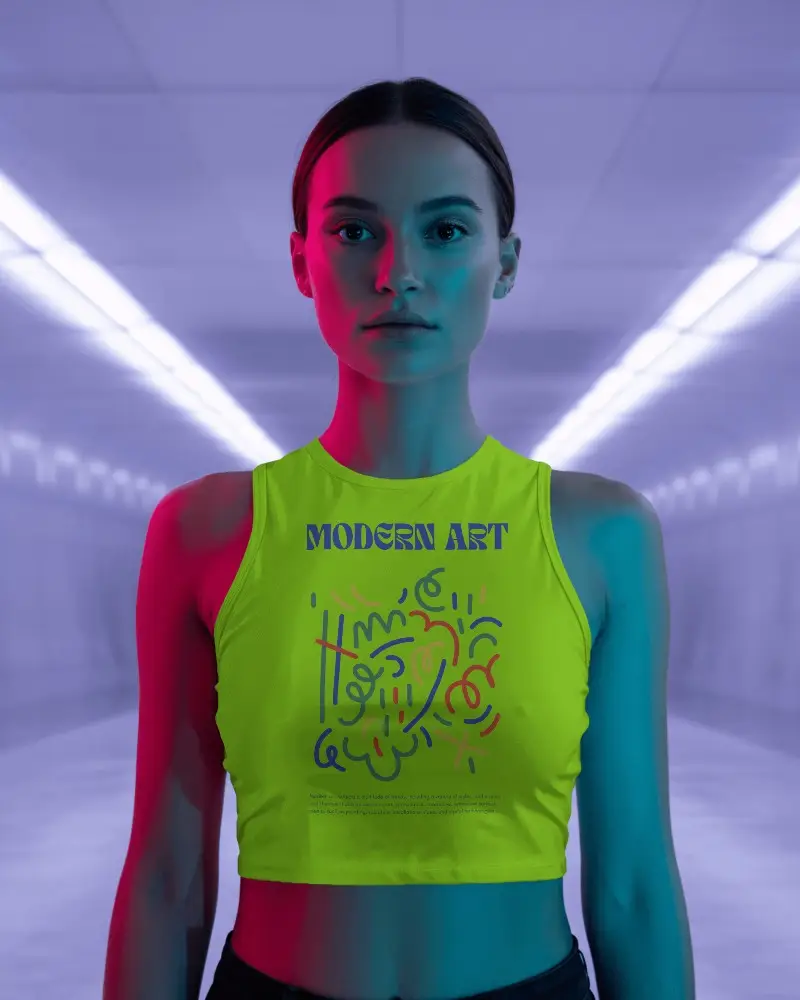 Neon Lit Crop Top Mockup On Female Model In Symmetrical Underground Futuristic Tunnel
