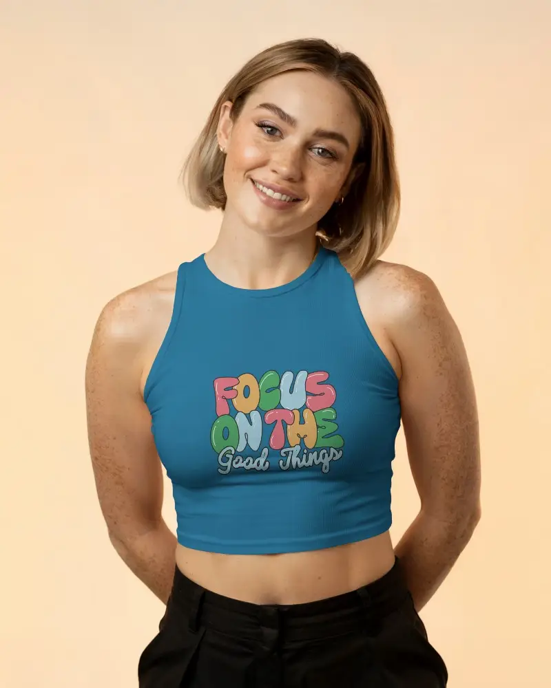 Studio Crop Top Mockup Smiling Female Model In White Ribbed Tank With Freckles Against Soft Peach Gradient Background