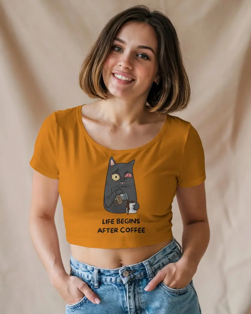 Indoor Crop Top Mockup Smiling Female Model In White Scoop Neck Tee And Denim Jeans Against Beige Fabric Backdrop