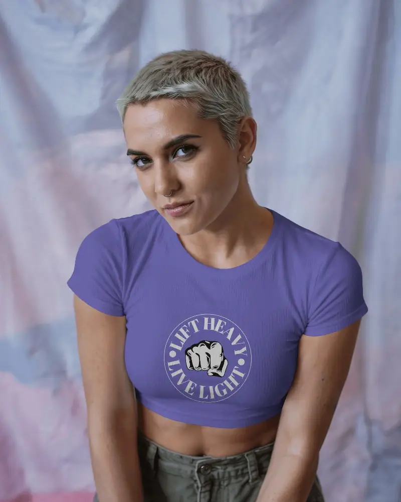 Stylish Crop Top Mockup Female Model Posing Boldly In Front Of Artistic Background