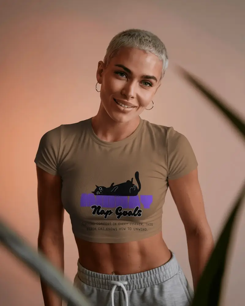 Sporty Crop Top Mockup Smiling Female Model In Light Tee Against Soft Orange Background