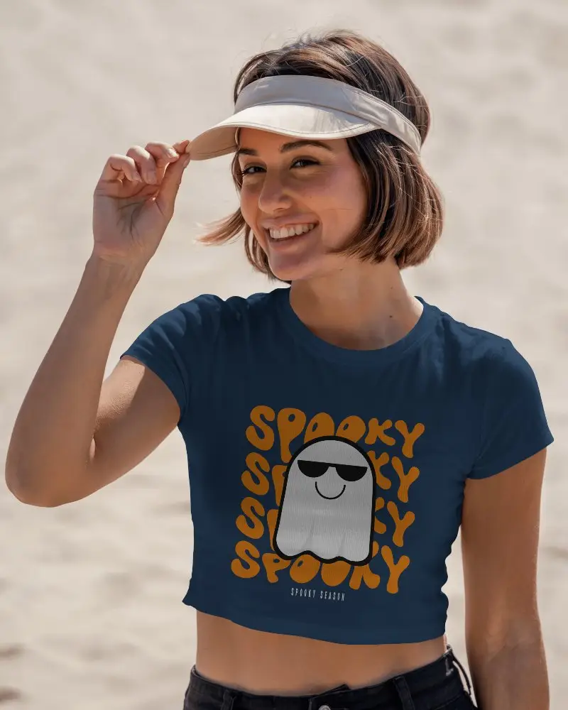 Ribbed White Crew Neck Short Sleeve Crop Top Mockup On Smiling Female Model Sunny Beach Setting Casual And Playful Summer Vibes