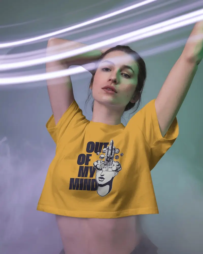 High Energy Crop Top Tshirt Mockup Striking Light Effects Smoke Clouds Feminine Streetwear Vibe