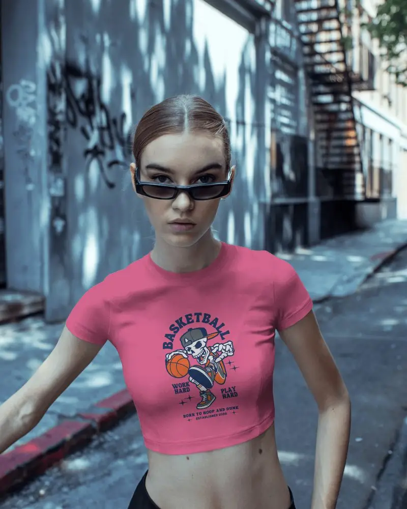 Tight Fit Crop Top Mockup Girl In Black Sunglasses Shadowy Alley Background Contemporary Vibe