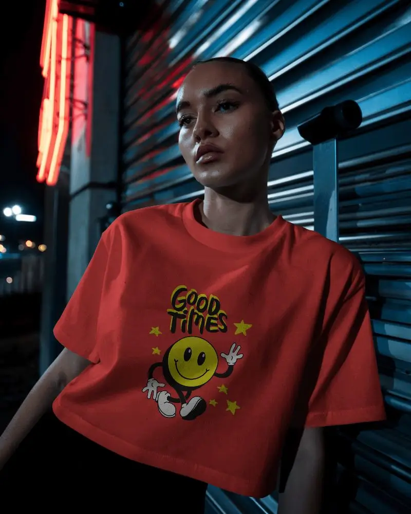 Night Street Crop Top Mockup Female Model Leaning Against Metal Wall Moody Urban Lighting 098