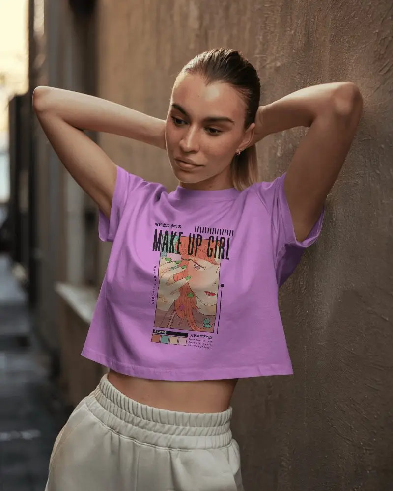 Urban Alley Crop Top Mockup Female Model Relaxing Against Textured Wall In Soft Evening Light 0101