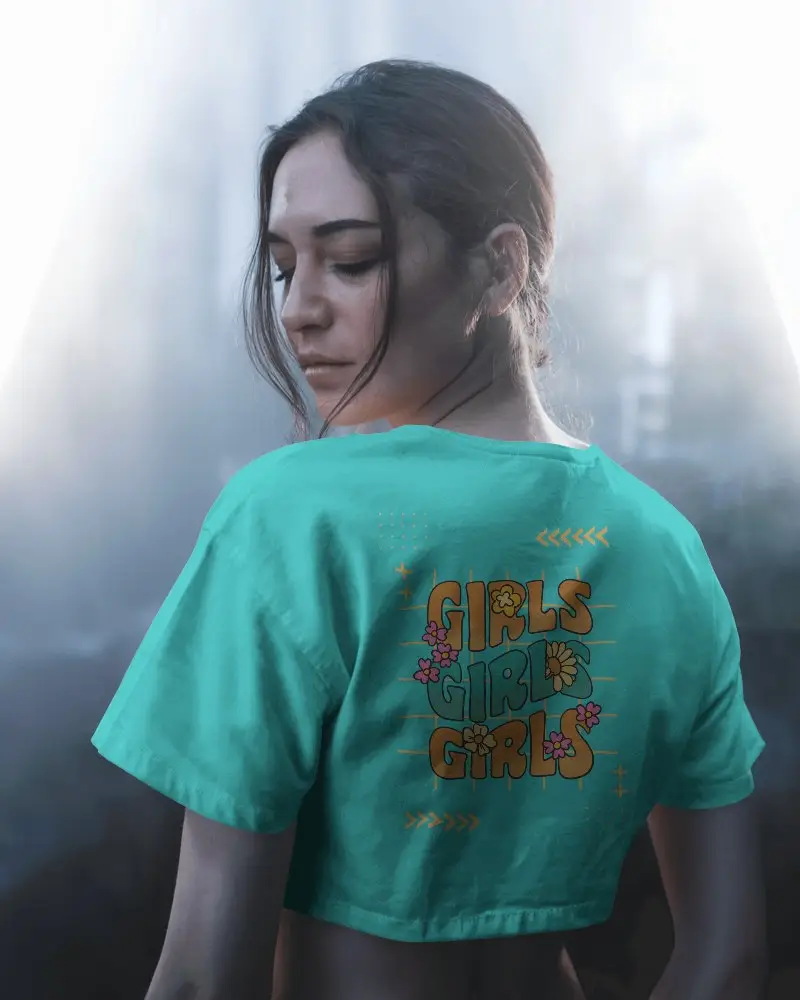 Misty Forest Crop Top Mockup Female Model Looking Down Soft Backlight Moody Outdoor Ambience 0102