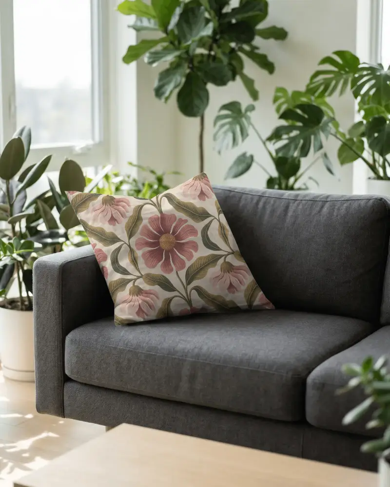Cozy Sofa With Square Cushion In Well Lit Room Decorated With Healthy Tropical Indoor Plants