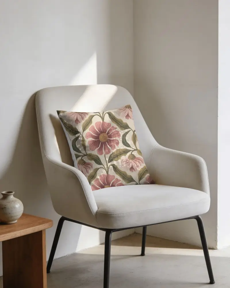 Stylish Sequin Cushion Mockup On Modern Upholstered Lounge Chair With Natural Light