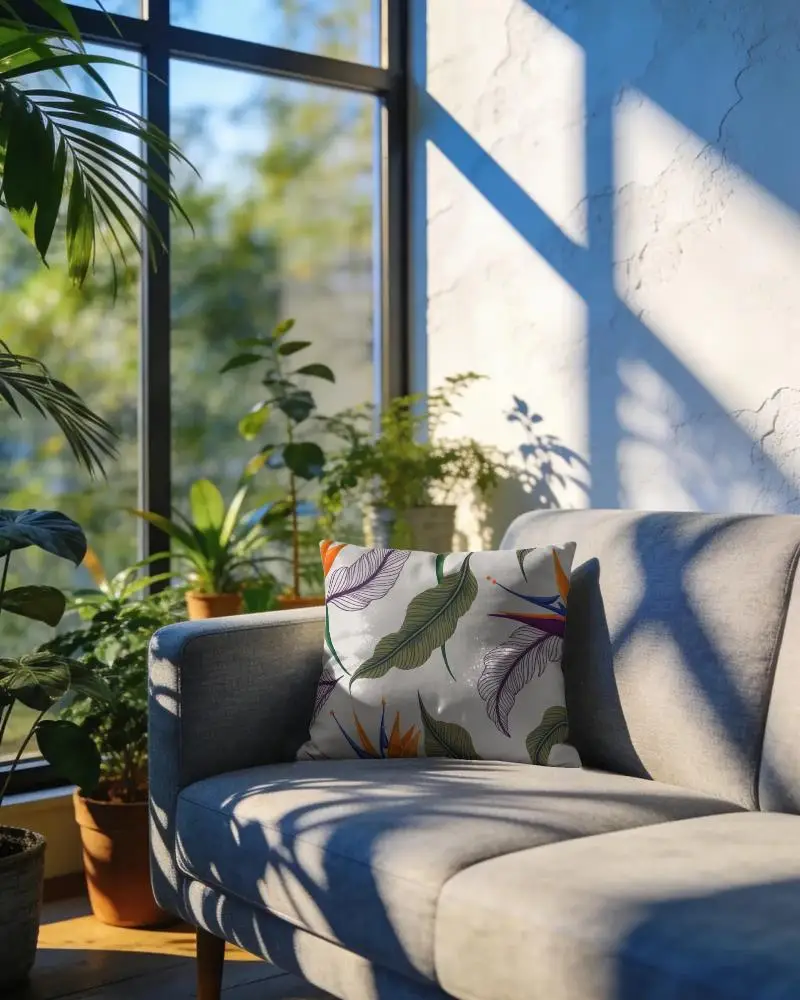 Modern Luxury Cushion Mockup Cozy Living Room Decor Plant Themed Interior Design Comfortable Seating