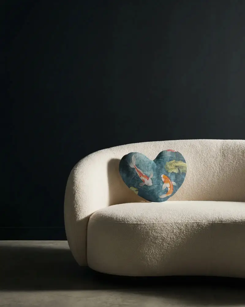 Luxury Heart Form Cushion Mockup Styled On Curved Sofa For Home Decor And Relaxed Lifestyle