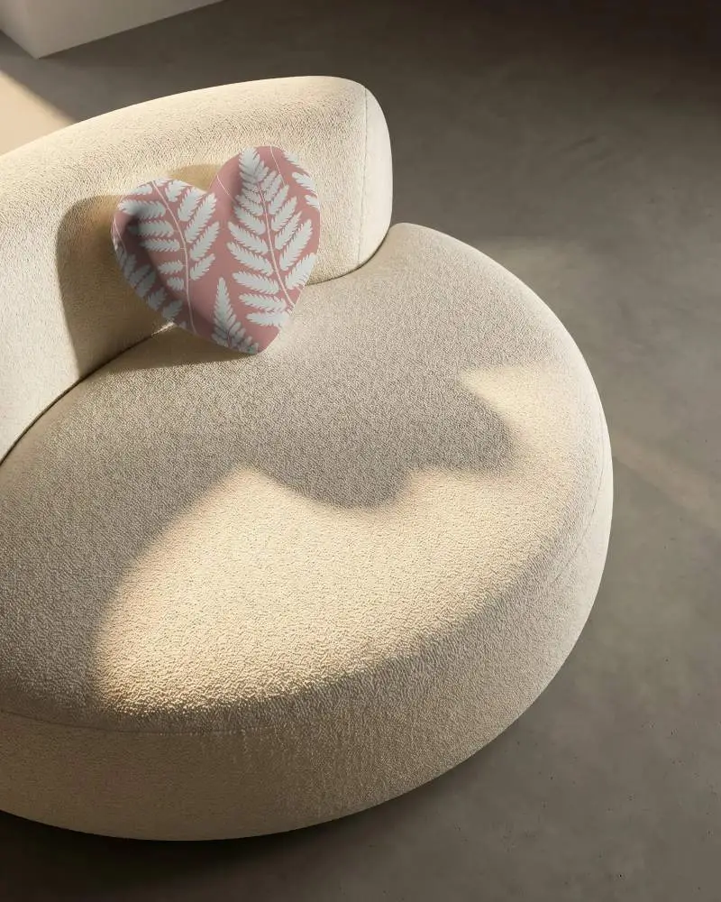 Cozy Heart Cushion Mockup On Minimalist Round Armchair For Living Room Accessory Display