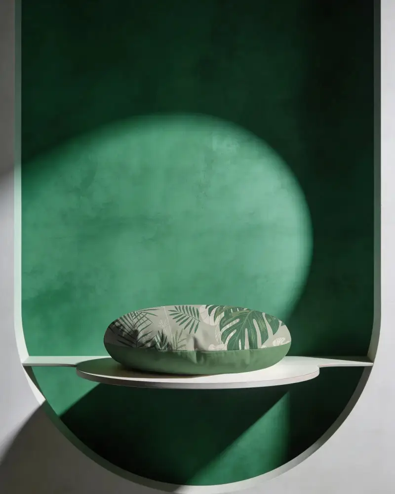 Soft Round Cushion Mockup Display On Modern Shelf For Branding And Marketing Use