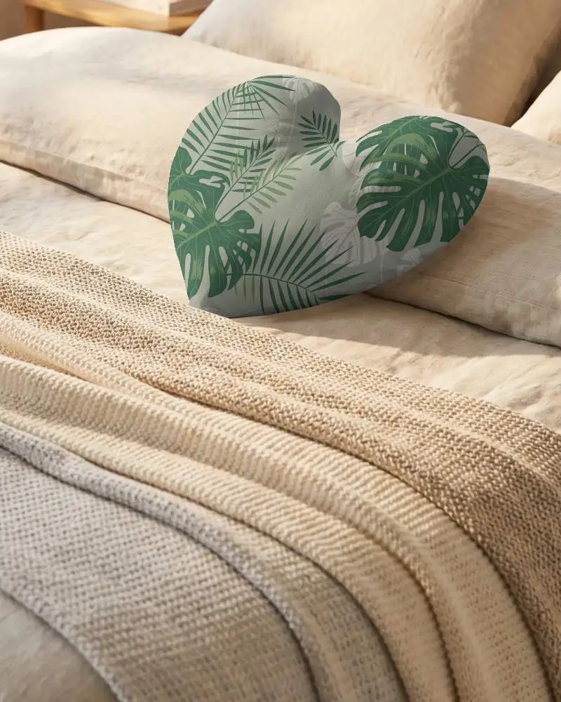 Heart Shaped Cushion Mockup On Cozy Bedding Setup For Bedroom Decor Visualization
