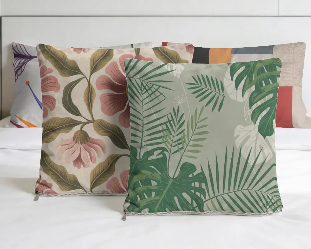 Soft Velvet Textured Home Cushion Mockup With Zipper On Bed For Decor Design