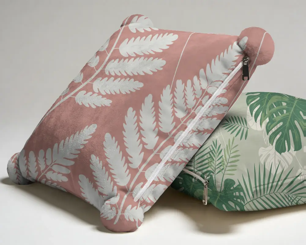Soft Plush Velvet Cushion Mockup With Zipper Closure And Pom Pom Corner Details For Comfy Decor