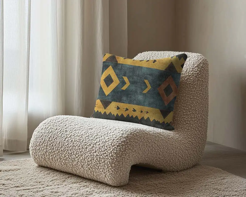 Minimalist Cozy Chair Pillow Mockup Textured White Pillow On Sherpa Lounge Chair Soft Natural Light 041