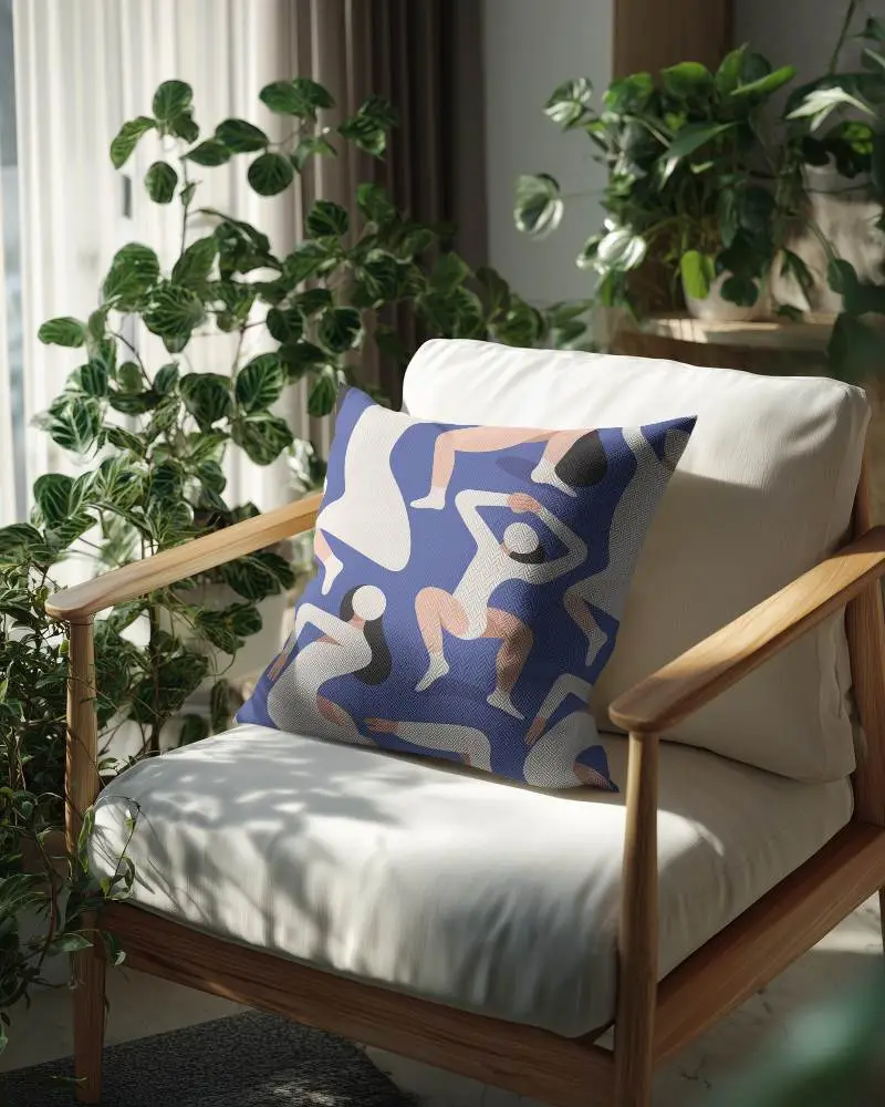 Modern Living Room Cushion Mockup On Wooden Armchair With Greenery Background