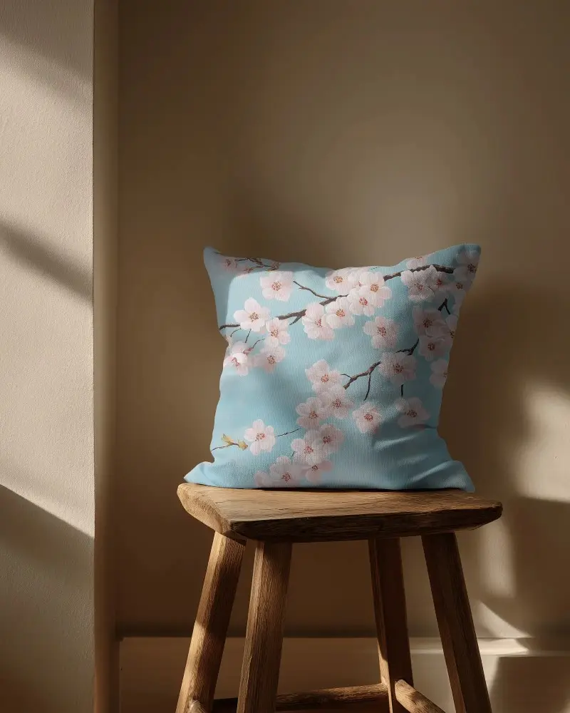 Soft Luxury Decorative Cushion Mockup On Vintage Style Wooden Stool In Natural Light