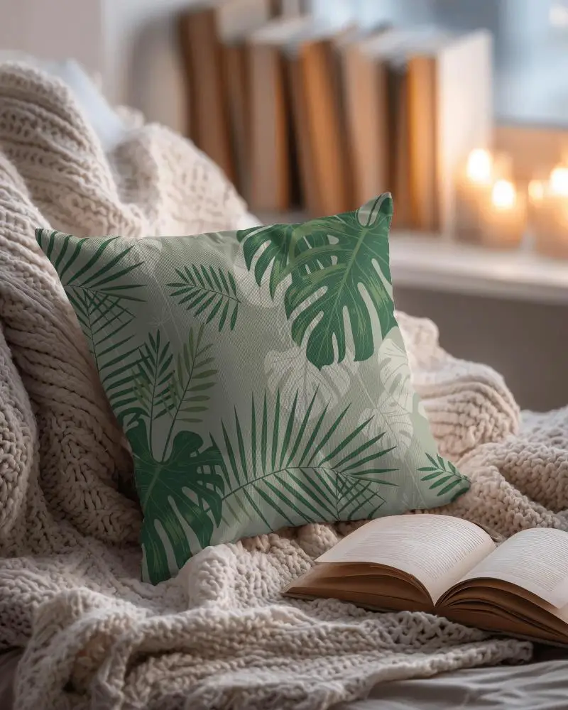 Cozy Home Decor Soft Cushion Mockup With Knitted Blanket And Open Book