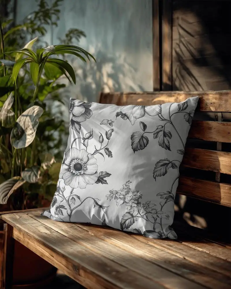 Rustic Outdoor Cushion Mockup On Wooden Bench With Natural Light And Shadows