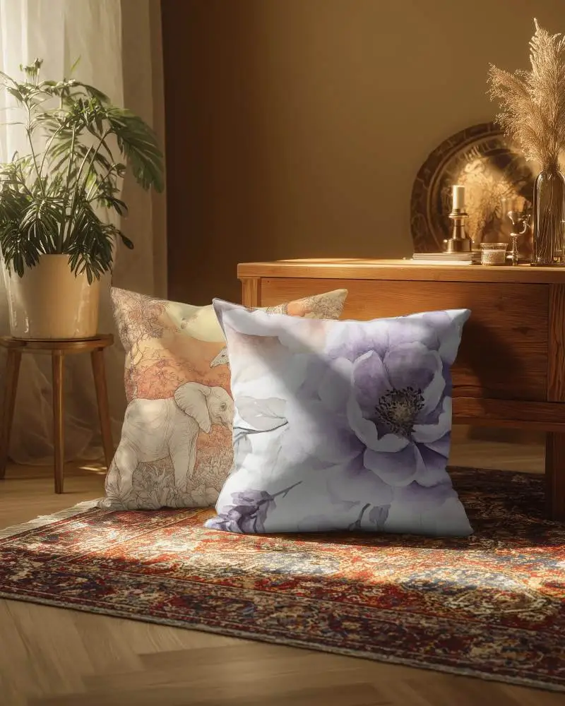 Soft Square Cushion Mockup For Cozy Living Room Decor On Vintage Patterned Rug Floor