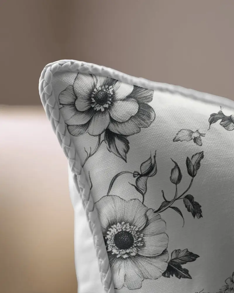 Closeup Textured Fabric Cushion Mockup With Detailed Braided Piping For Design Presentation