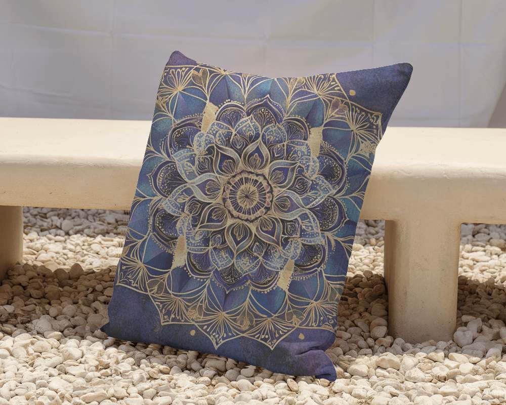 Outdoor Cushion Mockup On Pebble Ground Leaning Against Rustic Bench In Sunlit Setting Relaxed And Cozy Atmosphere 025