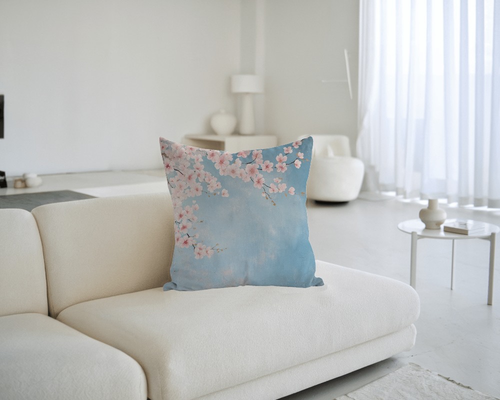 Minimal Interior Cushion Mockup White Pillow On Modern Cream Sofa In Bright Living Room With Curtains And Decorative Vases 029